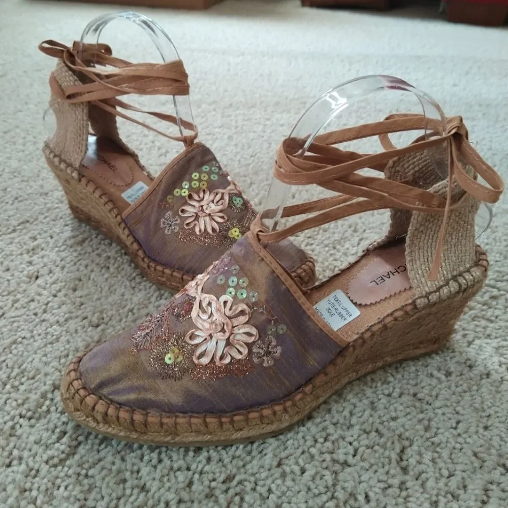 Eric Michael Espadrille Wrap Sandal Boho Ribbon Sequin Size EU 40 9 1/2